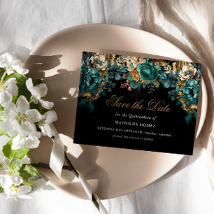 Goud Groen Bloemen Quinceañera Save The Date Kaart