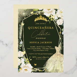 Goud Groen Bloemen Tiara Jurk quinceanera Folie Uitnodiging