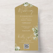 Goud groen bloemenQR Code Monogram bruiloft All In One Uitnodiging (Binnen)