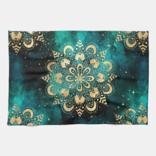 Goud & Groen Galaxy Dharma Mandala Patroon Theedoek