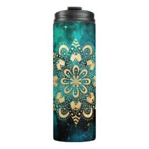 Goud & Groen Galaxy Dharma Mandala Patroon Thermosbeker