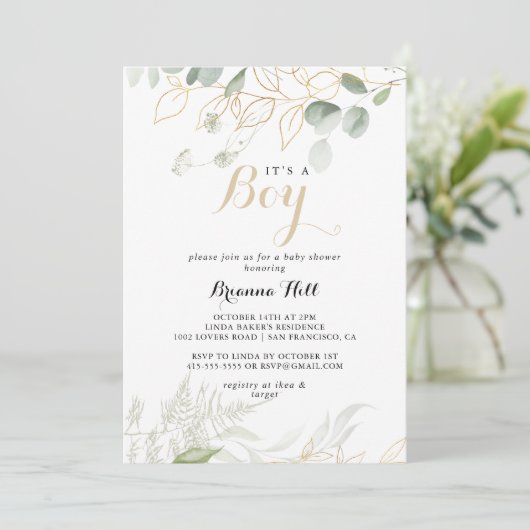 Goud groen gebladerte Het is een jongen Baby showe Kaart (Staand voorkant)