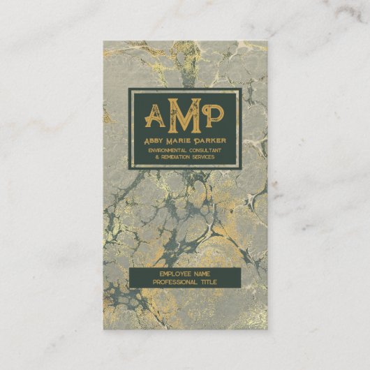 Goud & Groen Getextureerd 3 Letter Monogram Visitekaartje (Voorkant)