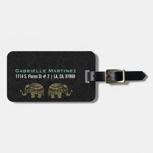 Goud & Groen Glitter Bloemenolifant Bagagelabel (Voorkant horizontaal)