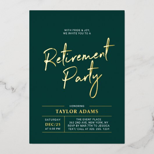 Goud & Groen Modern Brush Script Pensioen Partij Folie Uitnodiging (Voorkant)
