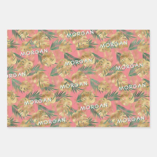 Goud/Groen Tropisch blad, aangepaste naam, 3 kleur Inpakpapier Vel (Voorkant 3)