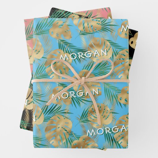 Goud/Groen Tropisch blad, aangepaste naam, 3 kleur Inpakpapier Vel (In situ)