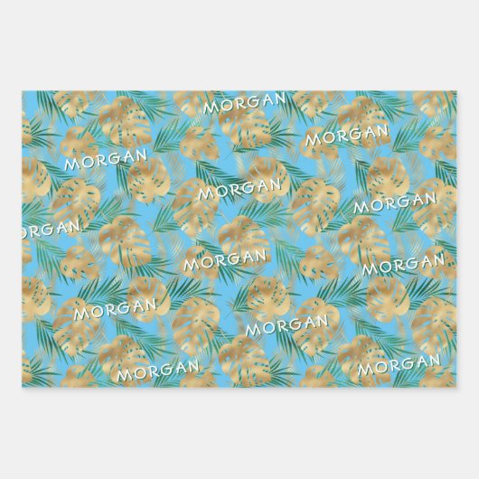 Goud/Groen Tropisch blad, aangepaste naam, 3 kleur Inpakpapier Vel (Voorkant)