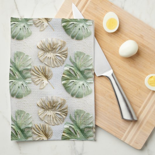 Goud Groen Wit Tropisch Bladeren Theedoek (Quarter Fold)