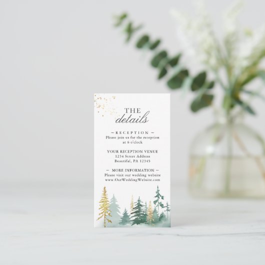 Goud groene bos dennenbomen aquarel informatiekaartje (Staand voorkant)