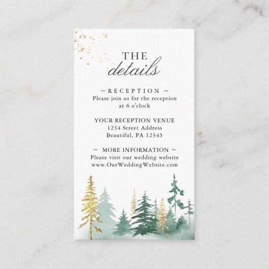 Goud groene bos dennenbomen aquarel informatiekaartje (Voorkant)