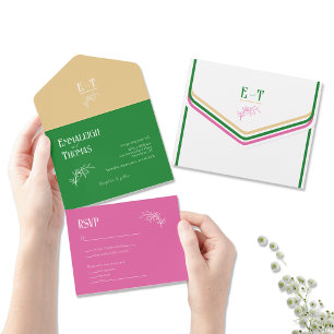 Goud Heet Roze en Groen Eenvoudig Modern Huwelijk All In One Uitnodiging