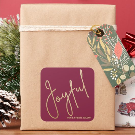 Goud JOYFUL op Cranberry Kerstmis Vierkante Sticker (Feestdagen)