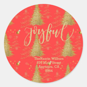 Goud JOYFUL op Rode Kerst Ronde Sticker