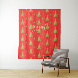 Goud JOYFUL op Rode Kerst Wandkleed