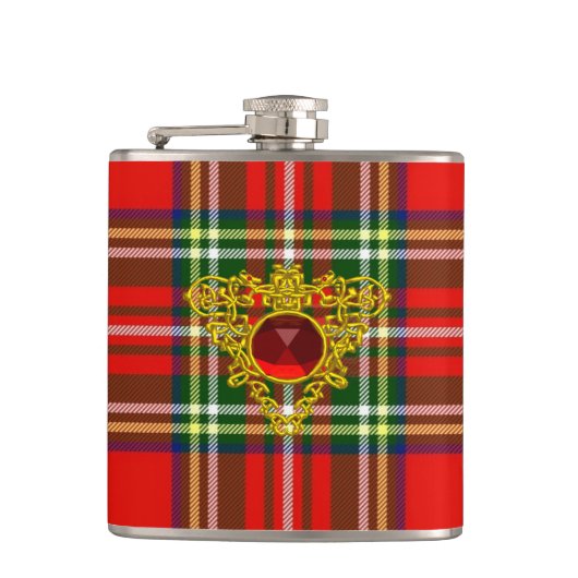 GOUD KELTISCH HART MET RODE RUBY OP SCHOTSE TARTAN HEUPFLES (Voorkant)