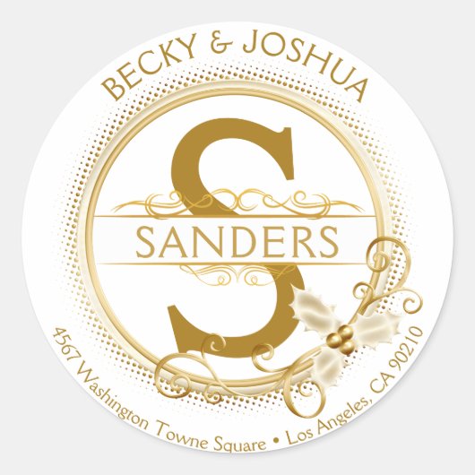   Goud Kerst Initiaal Adres Ronde Sticker (Voorkant)