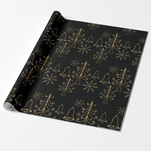 Goud kerstboomblauw en Snowflake Pattern Cadeaupapier (Uitgerold)