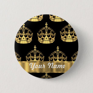 Goud kroonpatroon op zwart ronde button 5,7 cm