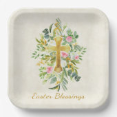 Goud kruis en roze rozen, aangepast Pasen Papieren Bordje (Voorkant)