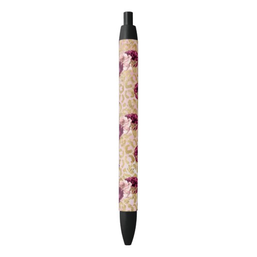 Goud Leopard Print Rozen Bloemen P Zwarte Inkt Pen (Voorkant Verticaal)