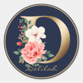 Goud Letter D Elegant Navy Floral Monogram Ronde Sticker (Voorkant)