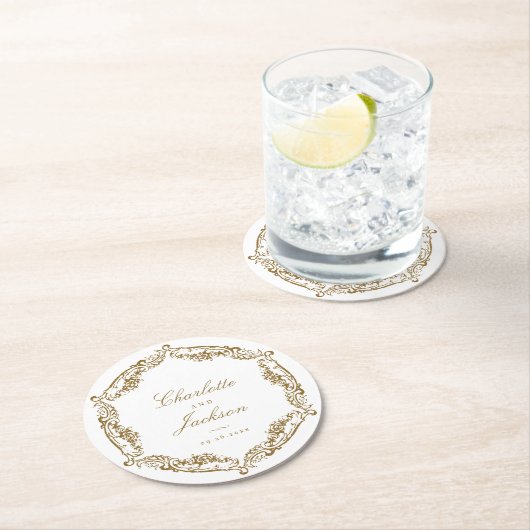 Goud  Lijst Classic Script Bruiloft Ronde Kartonnen Onderzetter (Insitu)