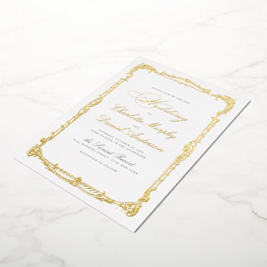 Goud Lijst Classic Script Eenvoudige bruiloft Folie Uitnodiging (Gedraaid)