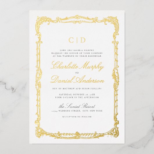 Goud Lijst Classic Script Monogram Bruiloft Folie Uitnodiging (Voorkant)