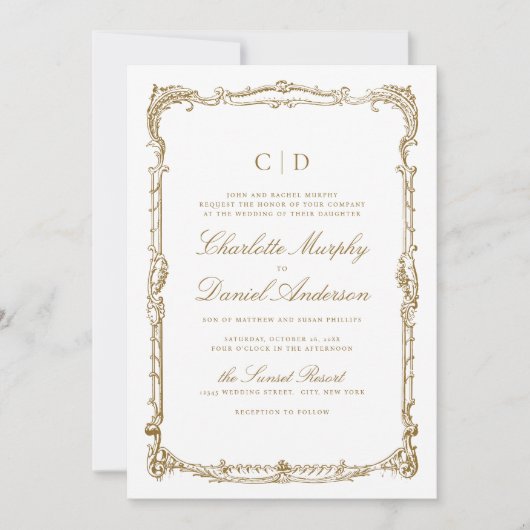 Goud  Lijst Classic Script Monogram Bruiloft Kaart (Voorkant)