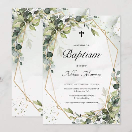 Goud lijst groen gebladerte laat boho doop kaart (Voorkant / Achterkant)