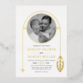 Goud lijst met blad en foto wit bruiloft folie uitnodiging (Voorkant)
