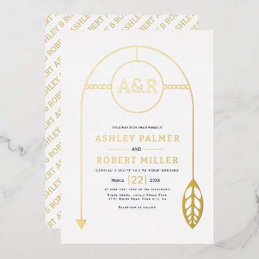 Goud lijst met blad en initialen wit bruiloft folie uitnodiging (Voorkant / Achterkant)