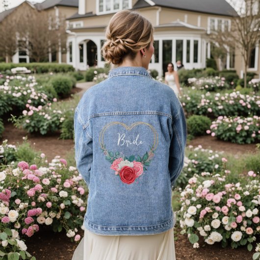 Goud Lijst Rood Roze Wit Rozen Bruid Denim Jacket (Huwelijk Achterkant)