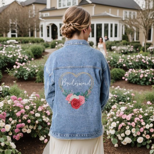 Goud Lijst Rood Roze Wit Rozen Bruidsmeisje Denim Jacket (Huwelijk Achterkant)