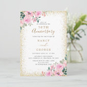 Goud Lijst Roze Bloemen 50ste bruiloft Jubileum Kaart (Staand voorkant)