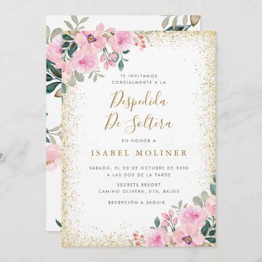 Goud Lijst Roze Bloemen Spaans Vrijgezellenfeest Kaart (Voorkant / Achterkant)