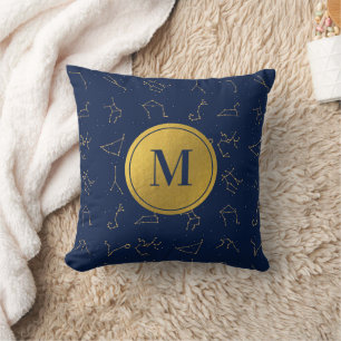 Goud & Marine Blauw Zodiac Constellations Monogram Kussen