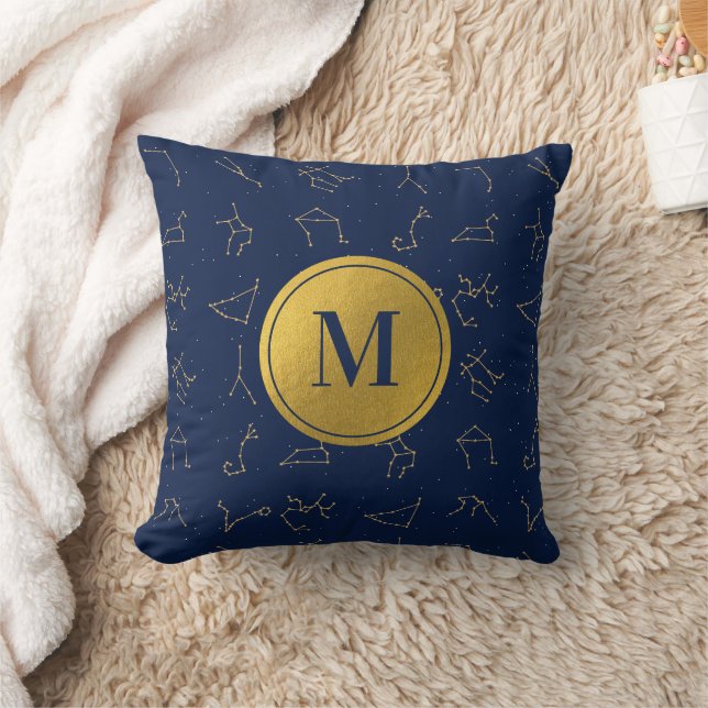 Goud & Marine Blauw Zodiac Constellations Monogram Kussen (Deken)