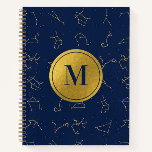 Goud & Marine Blauw Zodiac Constellations Monogram Notitieboek