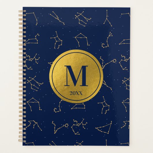 Goud & Marine Blauw Zodiac Constellations Monogram Planner (Voorkant)