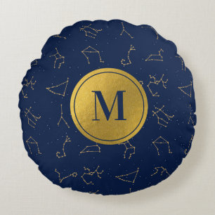 Goud & Marine Blauw Zodiac Constellations Monogram Rond Kussen