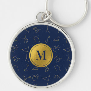 Goud & Marine Blauw Zodiac Constellations Monogram Sleutelhanger
