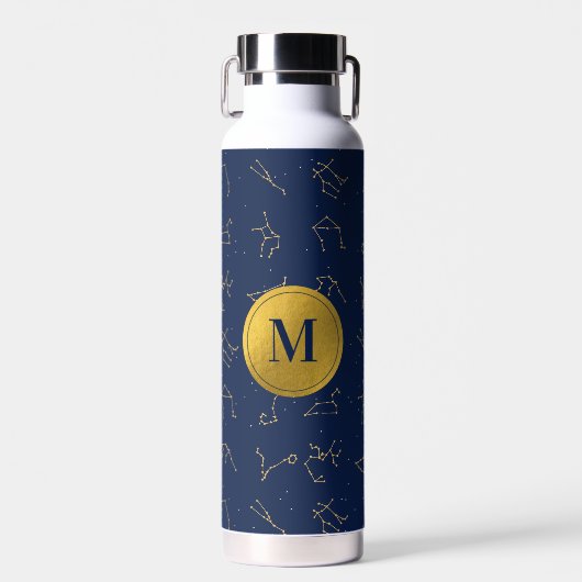 Goud & Marine Blauw Zodiac Constellations Monogram Waterfles (Voorkant)