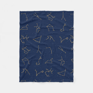 Goud & Marine Blauw Zodiac Constellations Patroon Fleece Deken