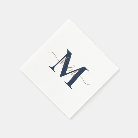 Goud & Marine Monogram Swash Script Witte Cocktail Servet (Hoek)