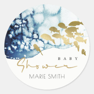GOUD MARINE ONDER WATER ZEE VIS BABY SHOWER KLASSI RONDE STICKER