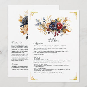 Goud, marineblauw en bordeauxrood bloemend huwelij menu