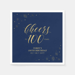 Goud & Marineblauw Modern Cheers 100ste Verjaard Servet
