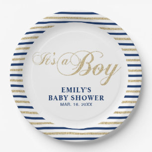 Goud & Marineblauw Moderne Baby Shower Feestbord Papieren Bordje